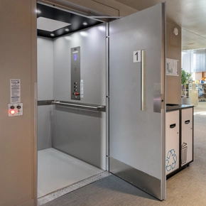 Prolift vertical platform lift with a gray cab interior and a gray door.”