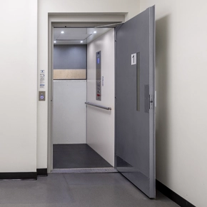 Prolift vertical platform lift with a white and gray interior and a gray door.”