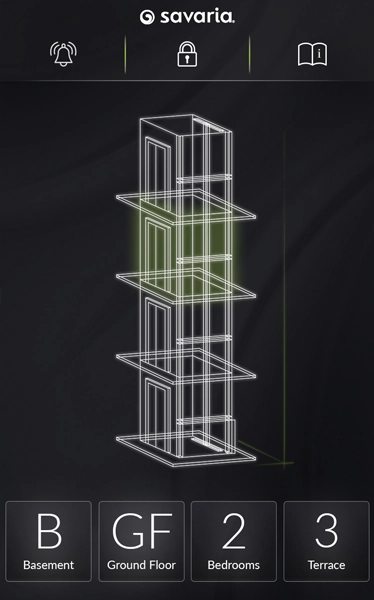 A wireframe illustration of a multi‑level elevator shaft shown on a dark background, with the current floor highlighted in green and labeled floor options for Basement, Ground Floor, Bedrooms, and Terrace.