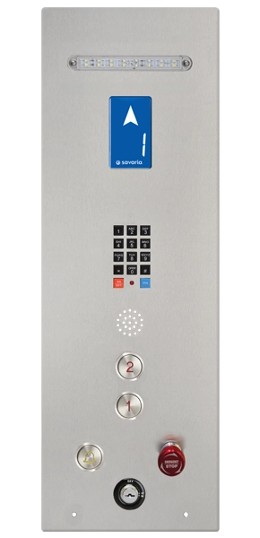 Silver cab operating panel for home elevator cab along with safety features.