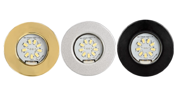 Brass, Stainless Steel and Black finish options for home elevator pot lights.