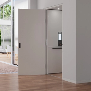 Residential home elevator with a flush white door that blends into the decor, white interior, and a modern touch screen control panel.