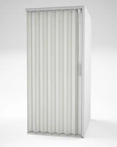 A residential home elevator showcasing solid white vinyl and silver framing for its accordion gate.