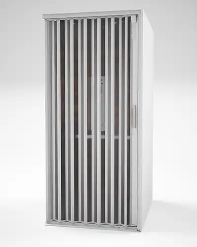 A residential home elevator showcasing the silver and clear acrylic frame for its accordion door.