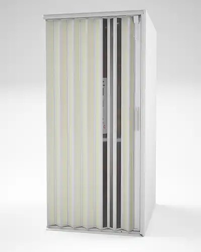 A residential home elevator showcasing Antique white and Silver Framing for its accordion door.