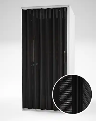 A residential home elevator showcasing a black perforated accordion gate.