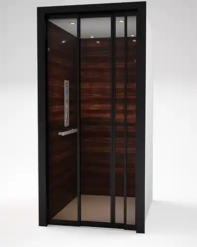 3d render of a home elevator showcasing glass doors in a black frame