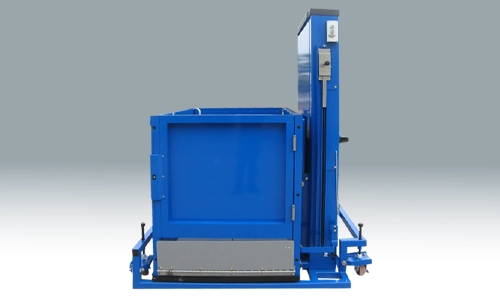 A Royal blue mobile vertical platform lift, designed for temporary accessibility needs.