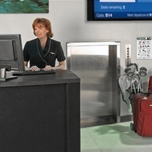 Material lift in an airport setting, ready to transport luggage and golf clubs, designed for efficient and safe handling of passenger items."