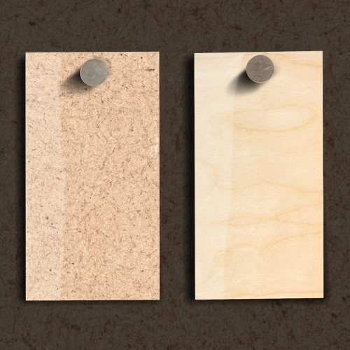 Two wood‑finish samples displayed side‑by‑side, one in a textured light tan and the other in a smooth pale wood tone.