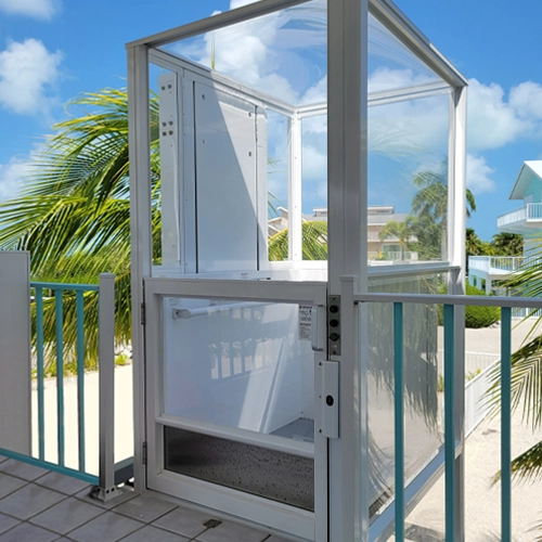 Vertical platform lift overseeing bright blue sky and palm trees.