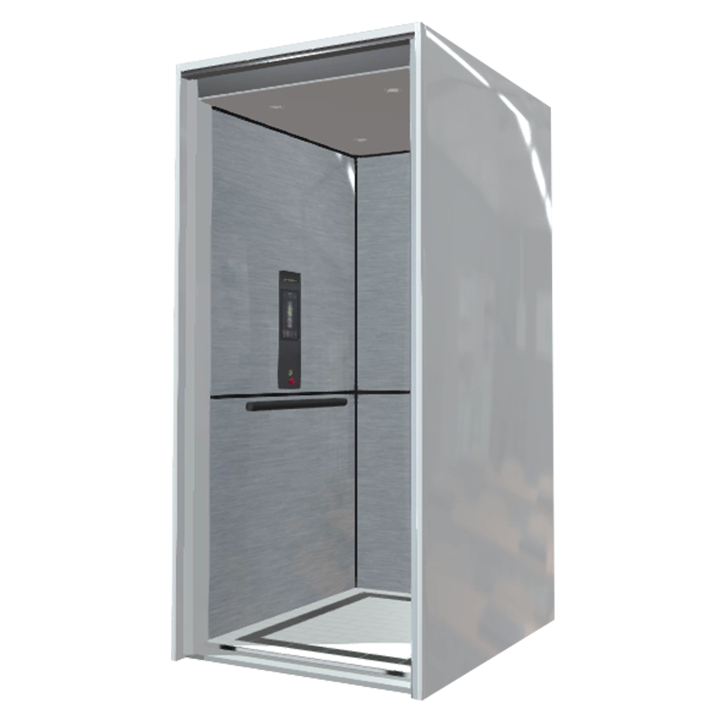 3D render of an elevator configurator showing a modern cabin with gray wall panels and recessed lighting.