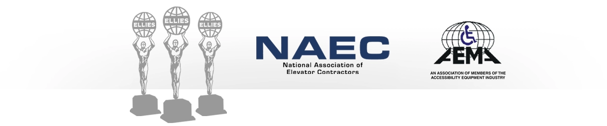 Row of association logos, including three stylized Ellies award statues on the left, the NAEC National Association of Elevator Contractors logo in the center, and the AEMA accessibility equipment industry association logo on the right.