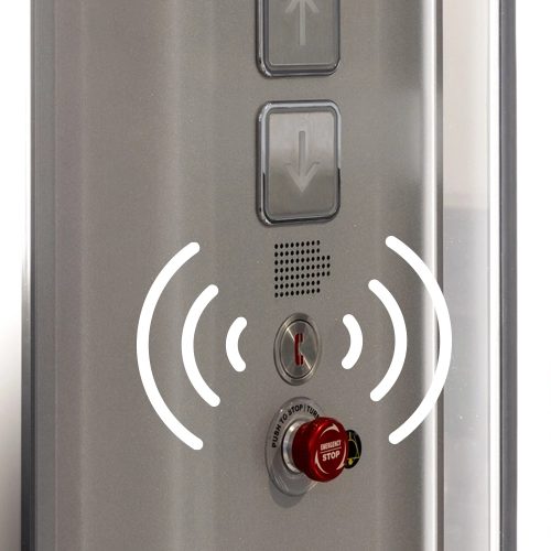 Elevator control panel with illuminated up and down buttons, a speaker grille, a key switch, and an emergency stop button, shown with graphic sound‑wave icons to indicate audible alerts or communication features.