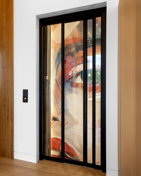 Home elevator with decorative glass doors featuring a bold abstract artwork.