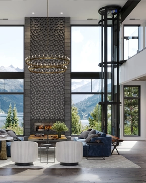 Modern living room with floor‑to‑ceiling windows, a tall glass home elevator, and a large chandelier centered above a stone fireplace.