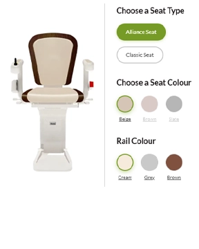 Stairlift seat style selector showing a beige and brown Alliance seat with options to choose seat type, seat colour, and rail colour.