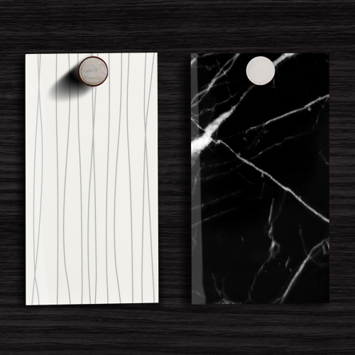 Luxury MDF color options featuring black marble finish with white veining and white panel with subtle silver strand texture, displayed as premium decorative surface samples.