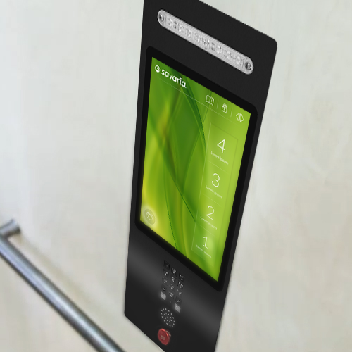 Savaria touchscreen elevator control panel with green digital floor display, stainless steel speaker grille, emergency stop button, and modern residential lift handrail.