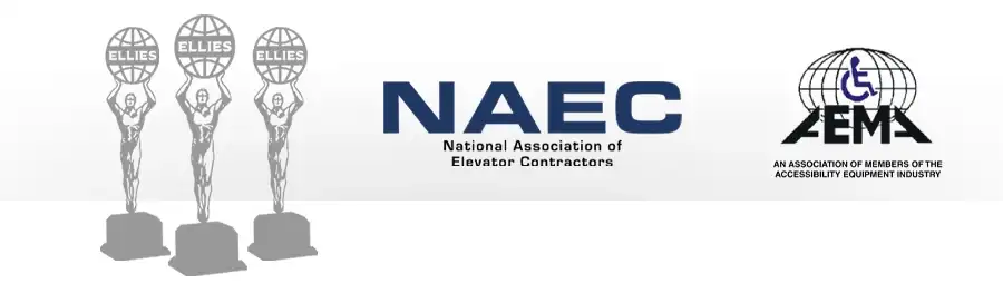 Row of association logos, including three stylized Ellies award statues on the left, the NAEC National Association of Elevator Contractors logo in the center, and the AEMA accessibility equipment industry association logo on the right.