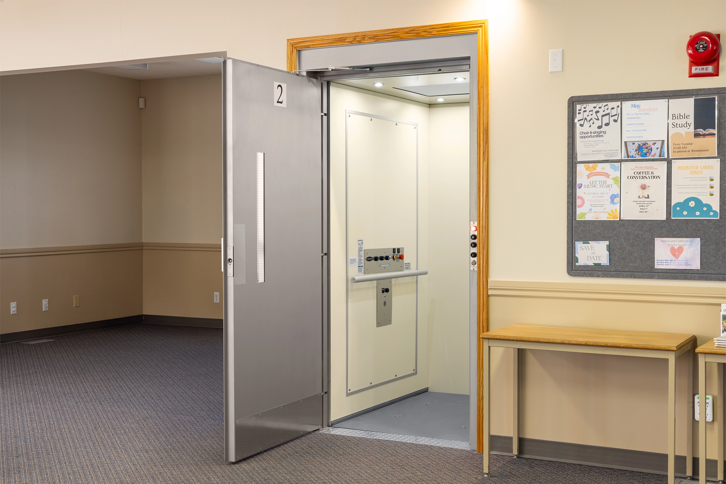 Westminster Presbyterian church, retrofitted a Savaria V-1504 VPL inside a hoistway to provide reliable ingress to every floor.