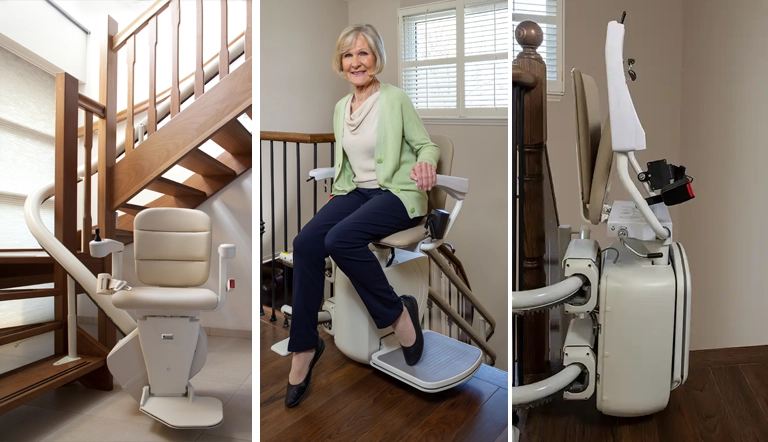 Freecurve stairlift (left, elderly lady sitting on Stairfriend 23 stairlift (middle), Stairfriend 23 folded up (right)