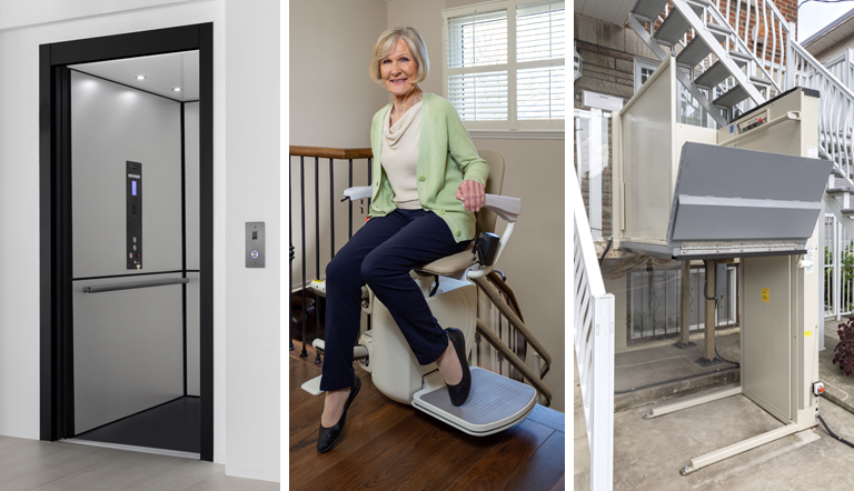 (left) home elevator, (middle) stair lift, (right) wheelchair lift
